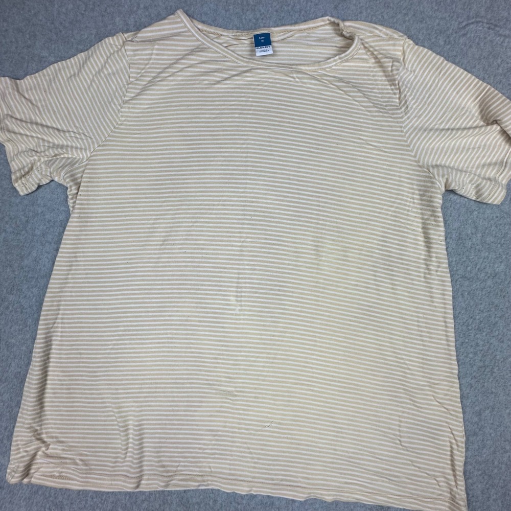 Old Navy Luxe Womens Medium Tan White Striped Short Sleeve Crew Neck T-Shirt - Picture 6 of 9